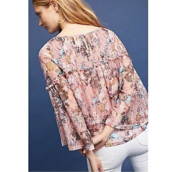 Anthropologie Akemi + Kin Patrizia Floral Lace Blouse Pink Medium Bell Sleeves - Picture 2 of 10